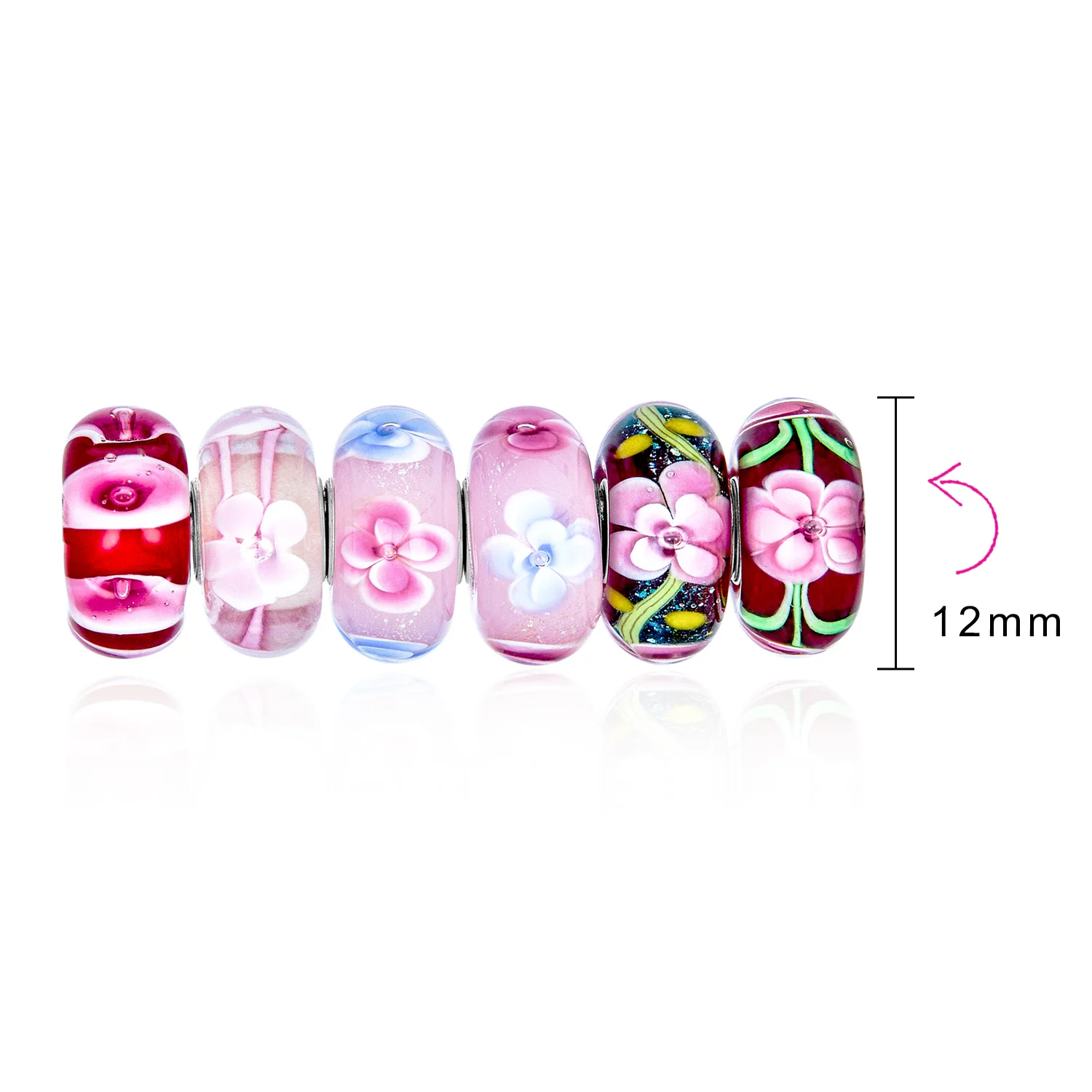 Set of 6 Floral Murano Glass Charm Bead Sterling Silver Core - Image 6