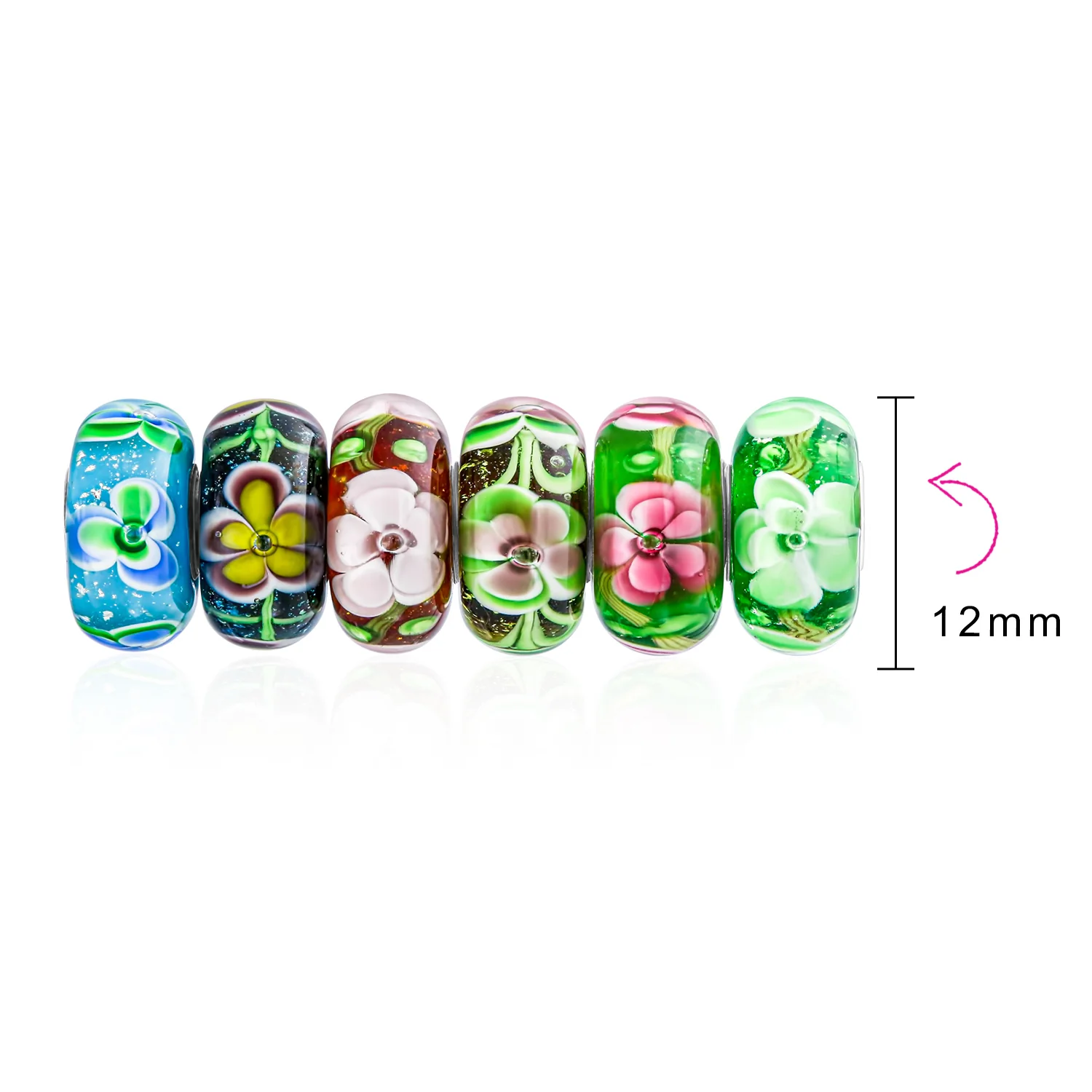 Set of 6 Floral Murano Glass Charm Bead Sterling Silver Core - Image 7
