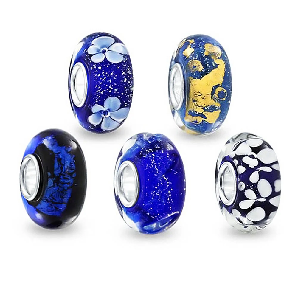 Mixed Set Navy Blue White Floral Murano Glass Flower Charm Bead Sterling Silver Core For Bracelet - Image 10