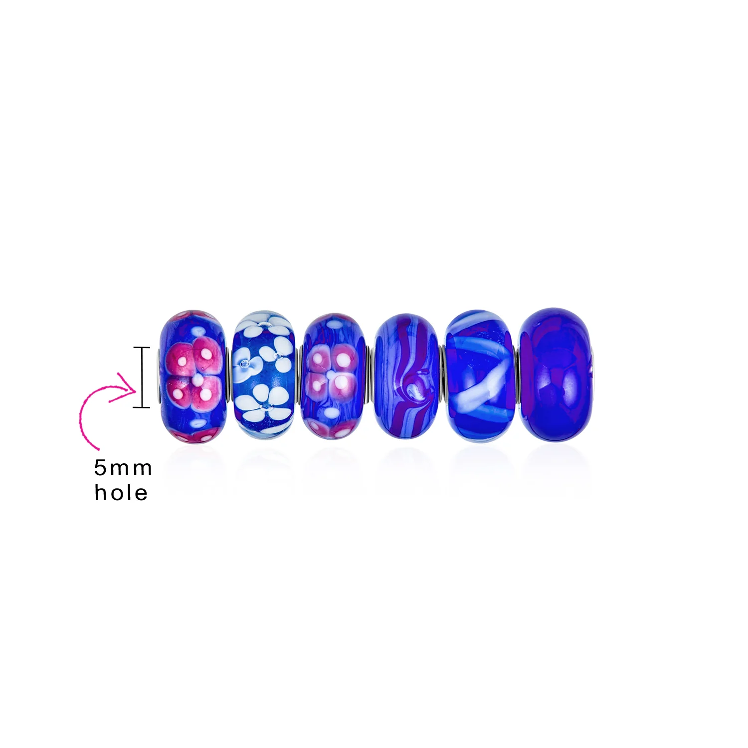 Mixed Set Navy Blue White Floral Murano Glass Flower Charm Bead Sterling Silver Core For Bracelet - Image 11