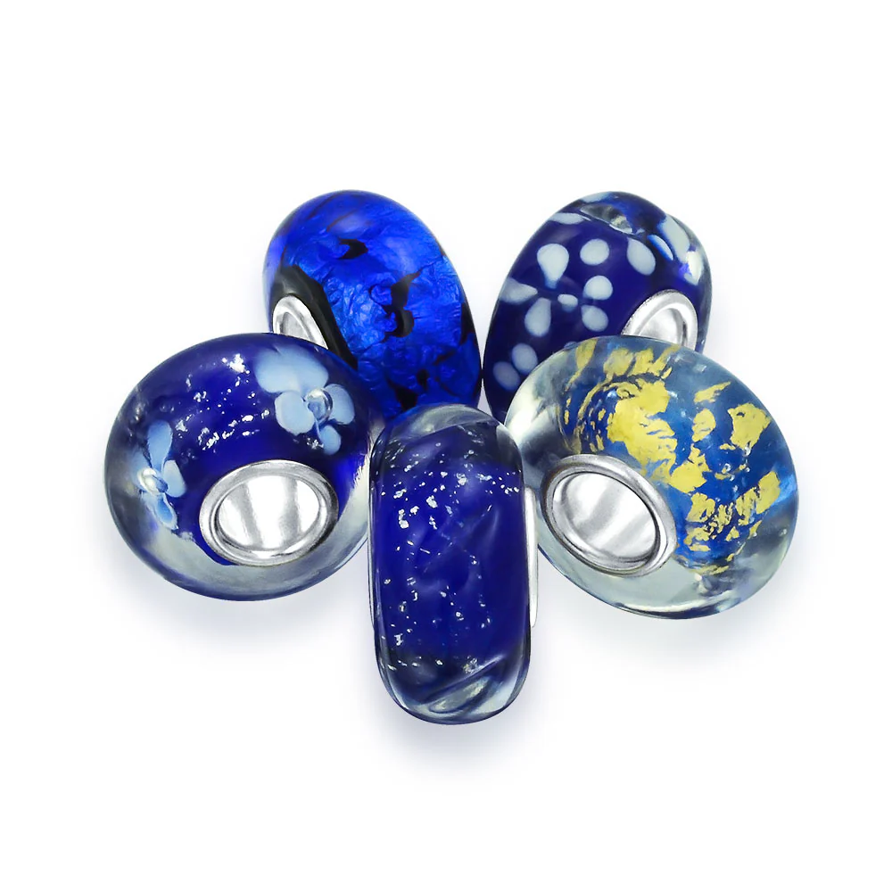 Mixed Set Navy Blue White Floral Murano Glass Flower Charm Bead Sterling Silver Core For Bracelet - Image 14