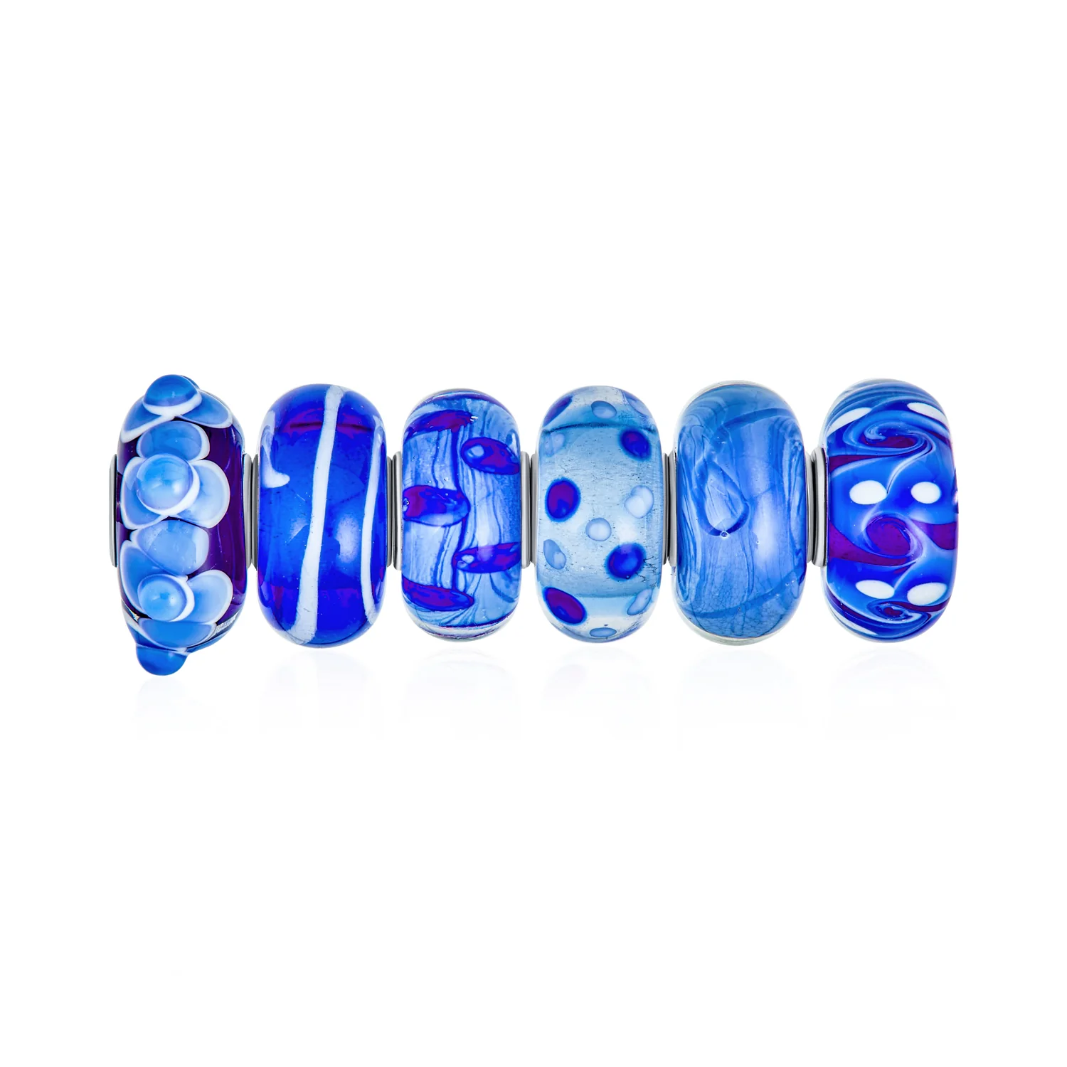 Mixed Set Navy Blue White Floral Murano Glass Flower Charm Bead Sterling Silver Core For Bracelet - Image 3