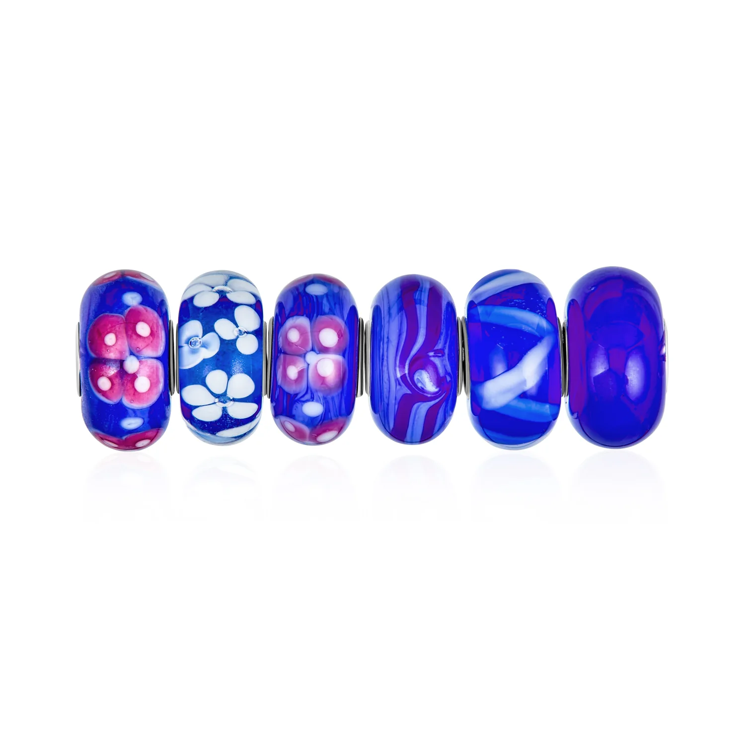 Mixed Set Navy Blue White Floral Murano Glass Flower Charm Bead Sterling Silver Core For Bracelet - Image 4