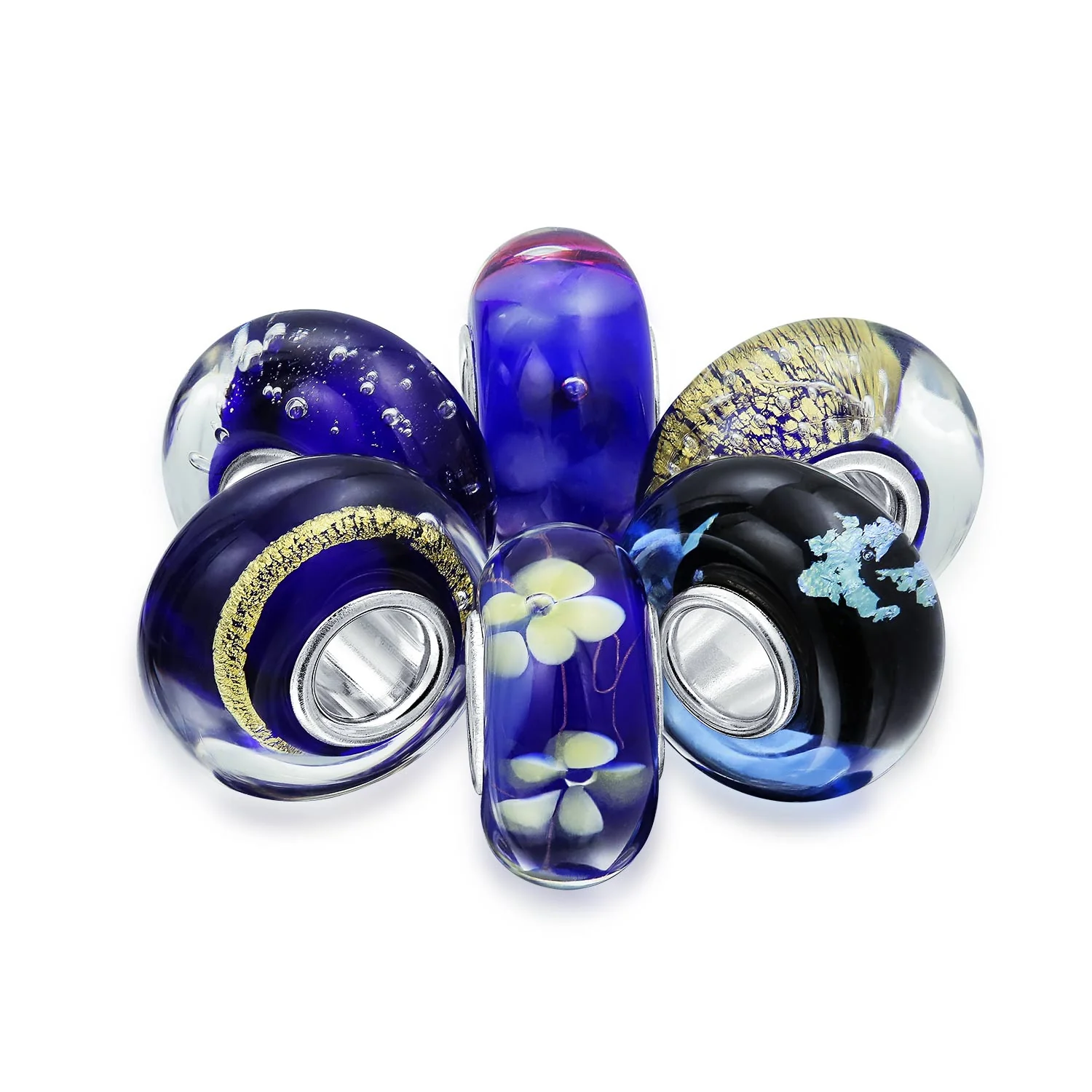 Mixed Set Navy Blue White Floral Murano Glass Flower Charm Bead Sterling Silver Core For Bracelet - Image 5