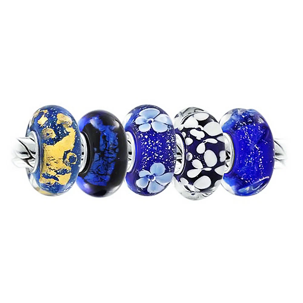 Mixed Set Navy Blue White Floral Murano Glass Flower Charm Bead Sterling Silver Core For Bracelet - Image 6