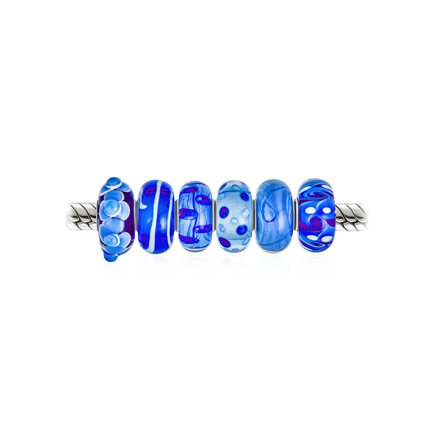 Mixed Set Navy Blue White Floral Murano Glass Flower Charm Bead Sterling Silver Core For Bracelet - Image 7