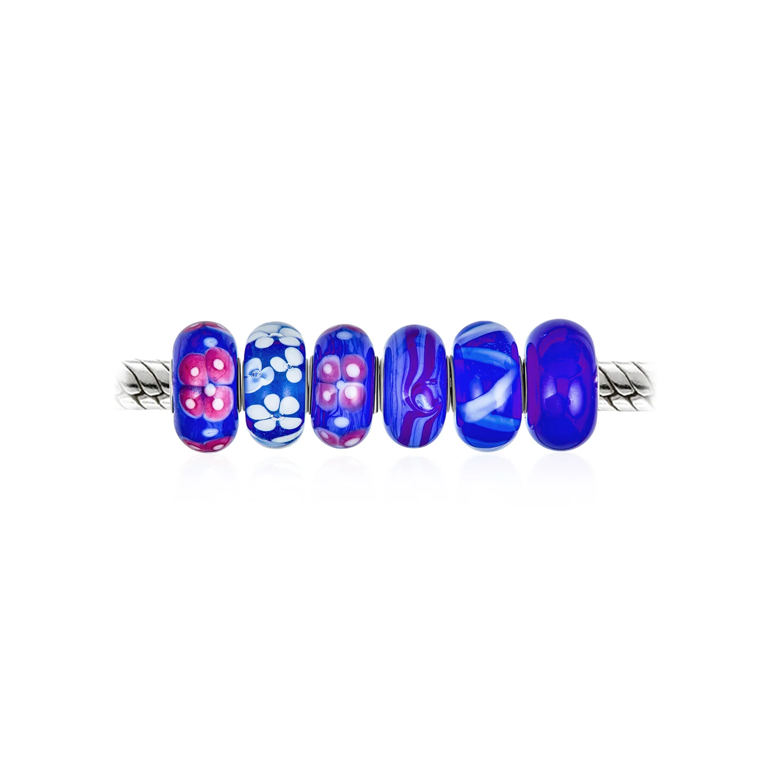 Mixed Set Navy Blue White Floral Murano Glass Flower Charm Bead Sterling Silver Core For Bracelet - Image 8