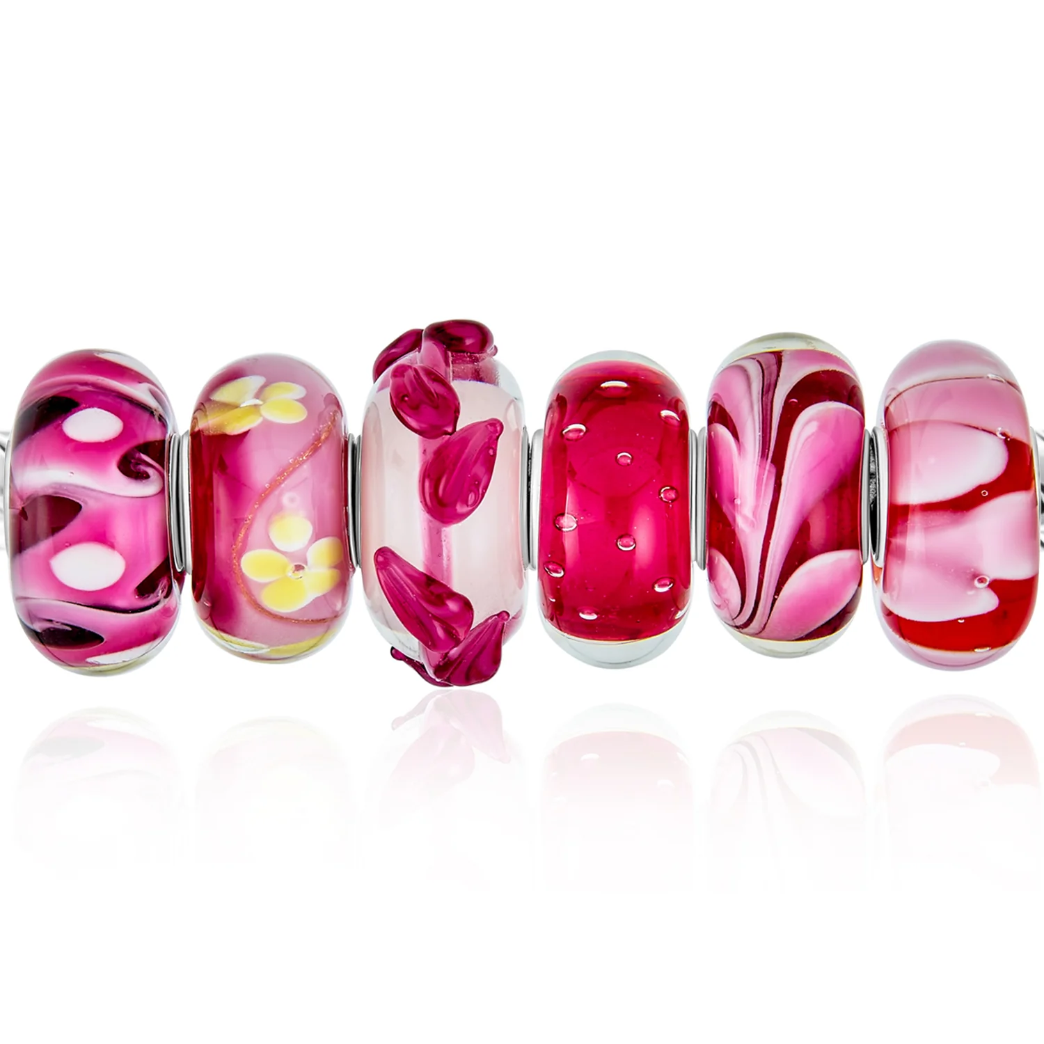 Mixed Set Red Pink Floral Murano Glass Flower Charm Bead Sterling Silver Core For Bracelet - Image 3