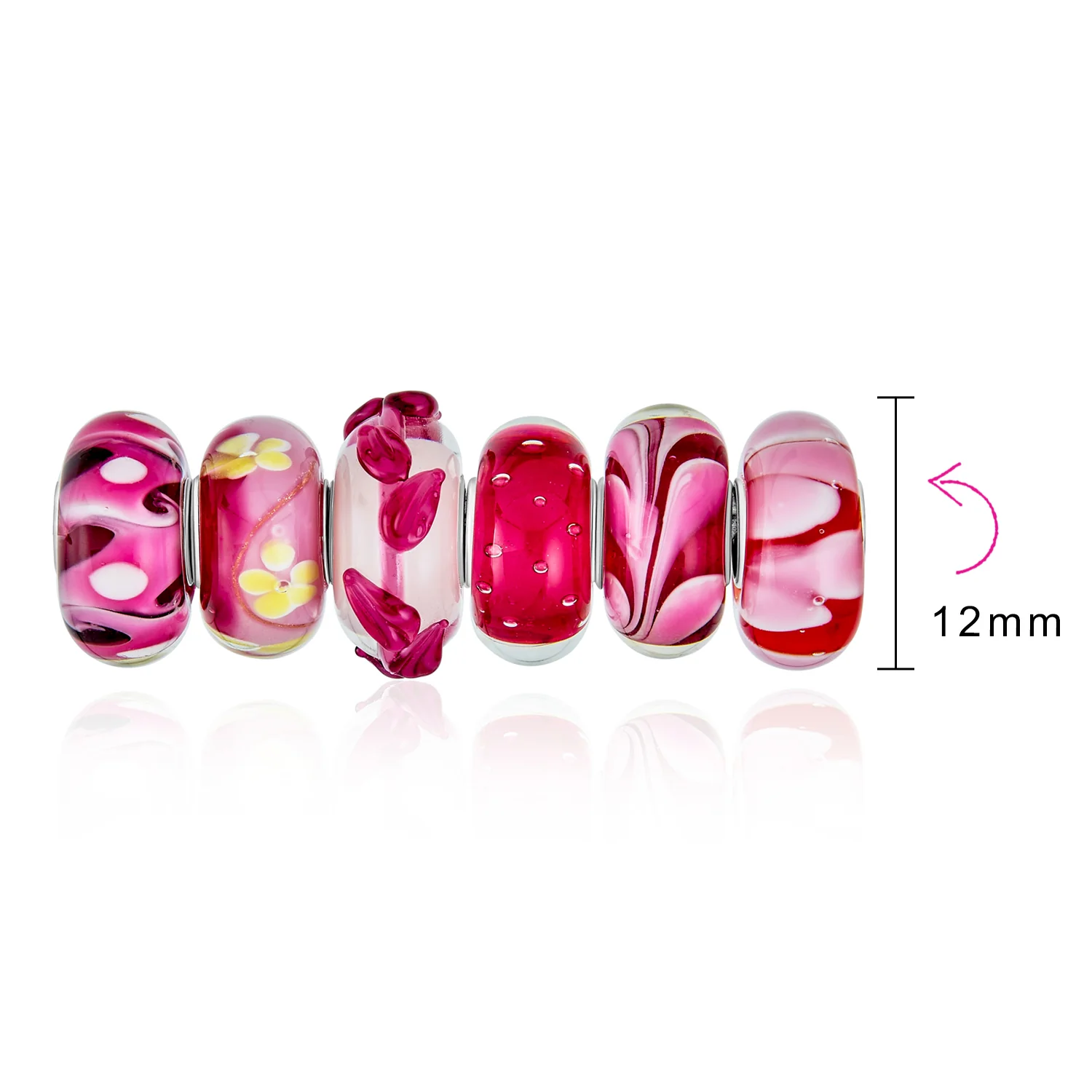 Mixed Set Red Pink Floral Murano Glass Flower Charm Bead Sterling Silver Core For Bracelet - Image 4