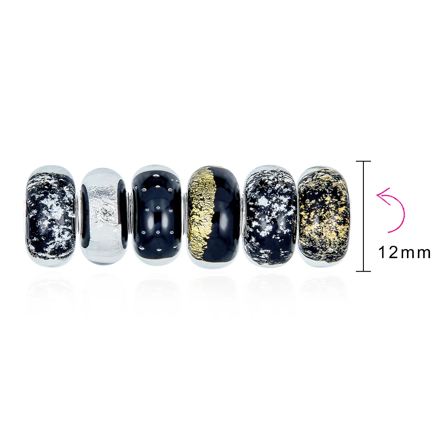 Black White Metallic Murano Glass Bead Charm Set for Bracelet .925 Sterling Silver - Image 3