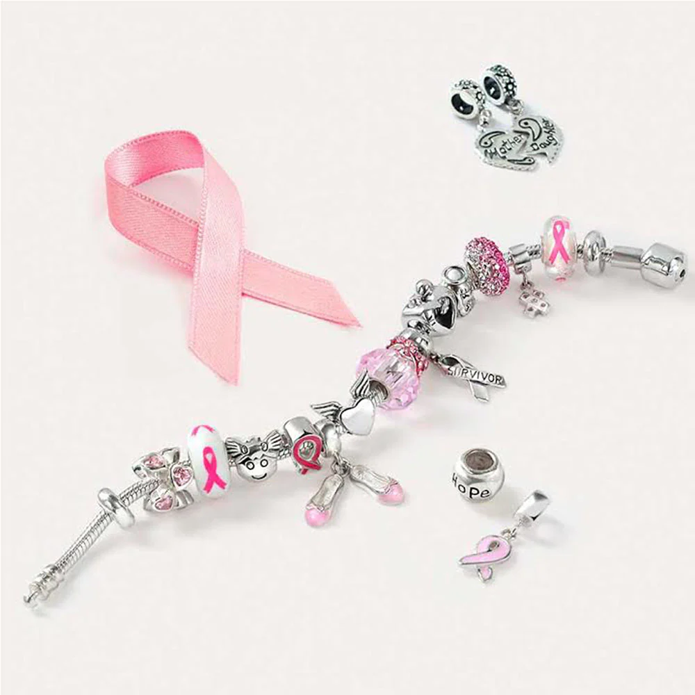 Set of 3 Glass Charm Bead Pink Ribbon Breast Cancer Survivor Murano for Bracelet - Image 5