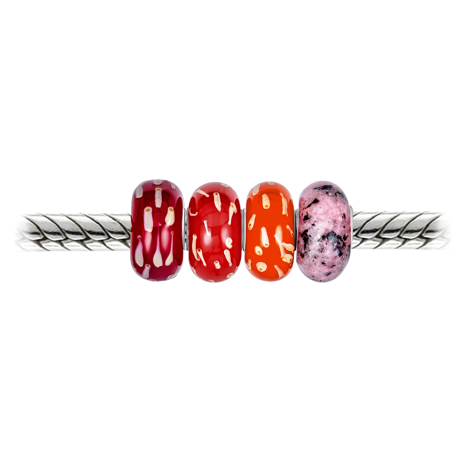 Mixed Set of 4 Sterling Silver Core Red Orange Pink Murano Glass Charm Beads - Image 2