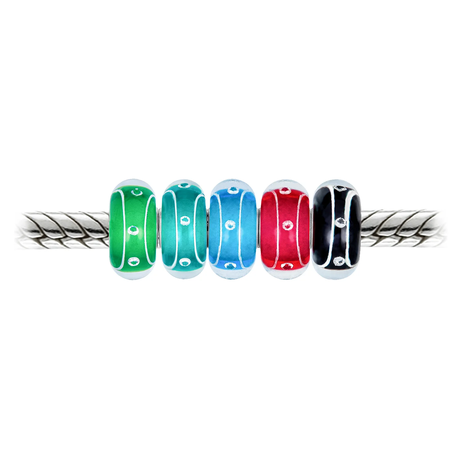 Set of 5 Jewel Tone Stripe Dots Swirl Bubble Murano Glass Charm Bead Set for Bracelet - Image 2
