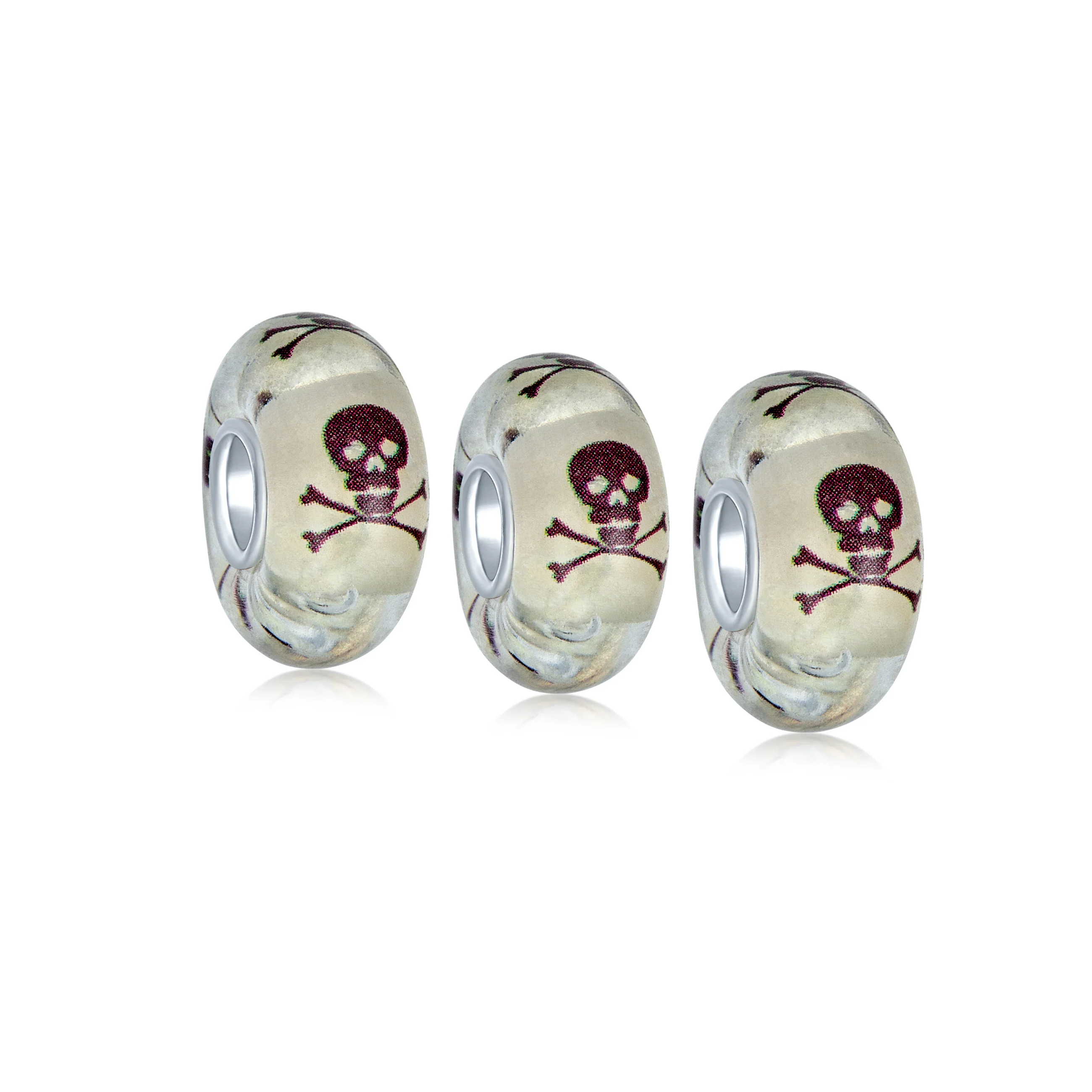 Set of 3 Glow In The Dark Skull Crossbones Glass Charm Bead Sterling Silver Core