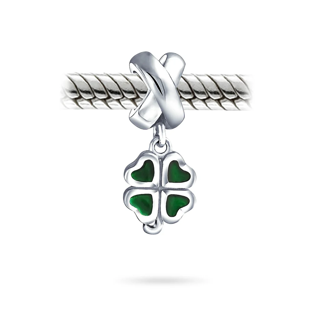 Good Luck Celtic Shamrock Dangle Charm Bead in Green Enamel Sterling Silver - Image 2