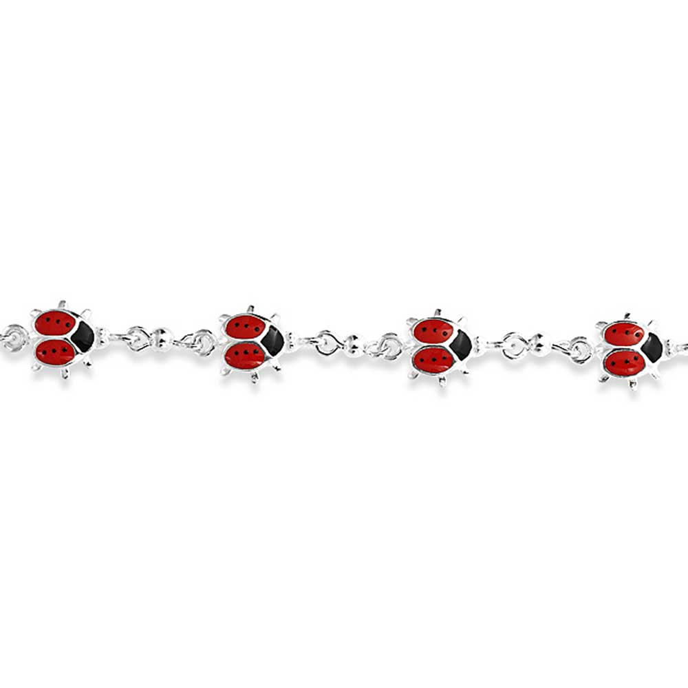 Good Luck Multi Charms Enamel Red Ladybugs Strand Bracelet .925 Sterling Silver - Image 3