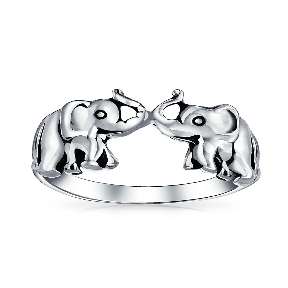 Good Luck Trunk Up Zoo Animal Two Elephant Ring .925 Sterling Silver - Image 10