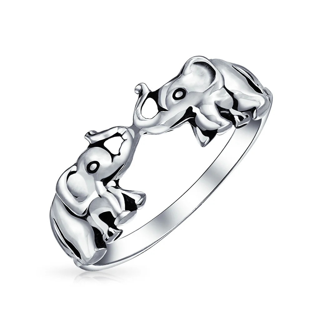 Good Luck Trunk Up Zoo Animal Two Elephant Ring .925 Sterling Silver - Image 2
