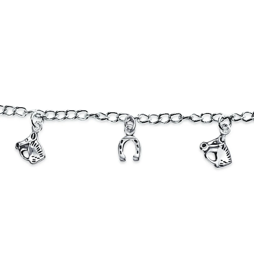 Equestrian Good Luck Horseshoe Horses Dangle Charm Bracelet .925 Sterling Silver - Image 3