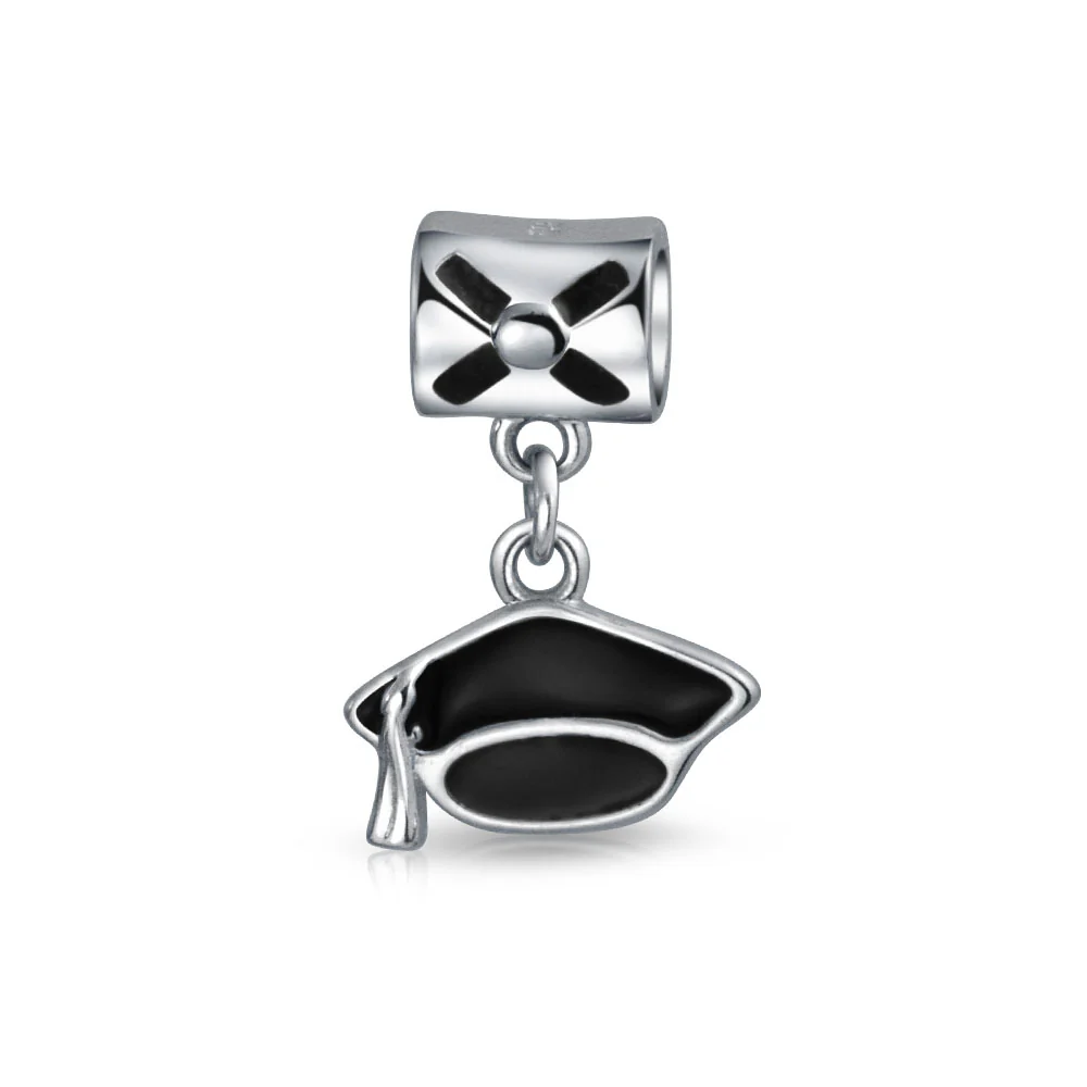 Personalized Oval Graduate Cap Dangle Charm Bead Sterling Silver for Bracelets