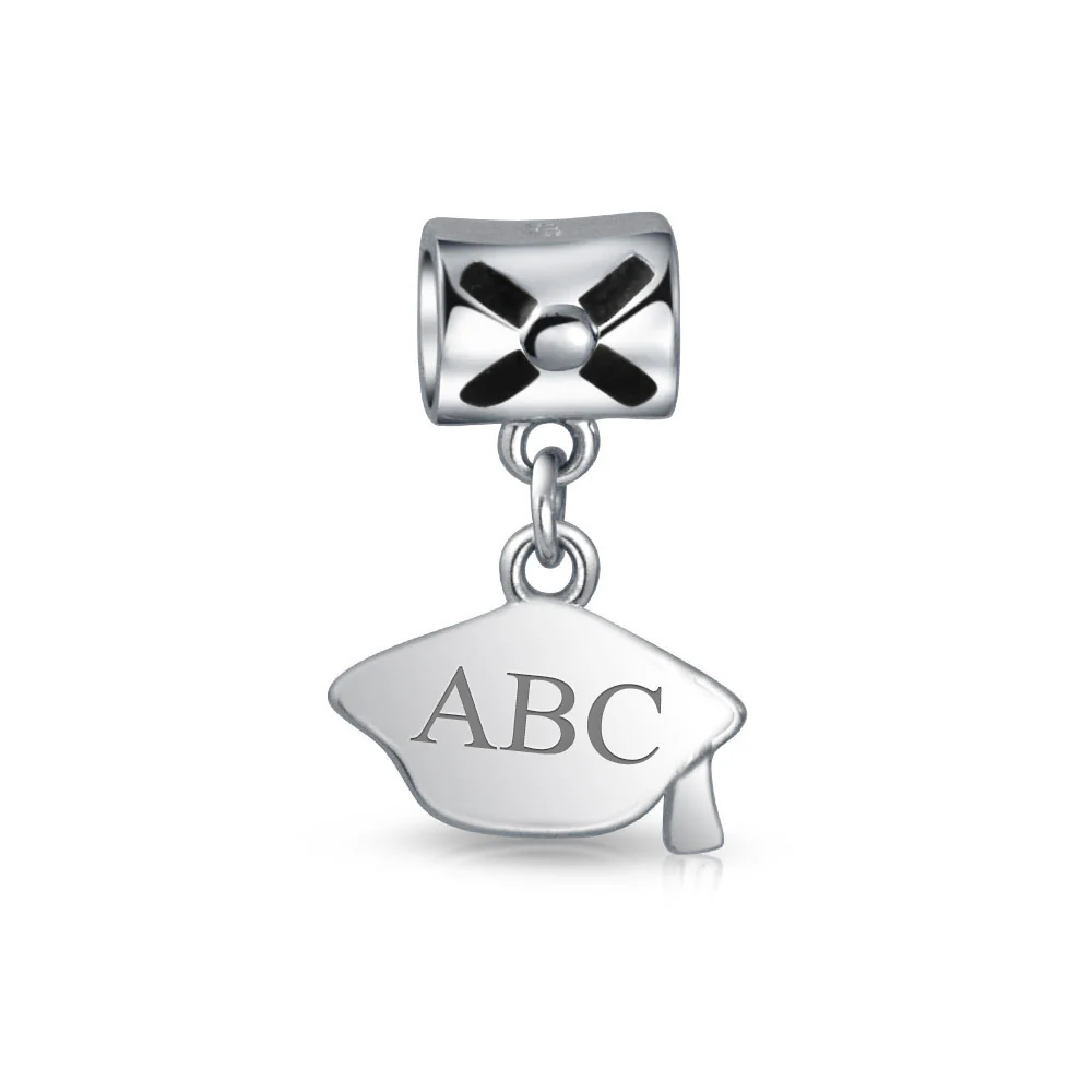 Personalized Oval Graduate Cap Dangle Charm Bead Sterling Silver for Bracelets - Image 2