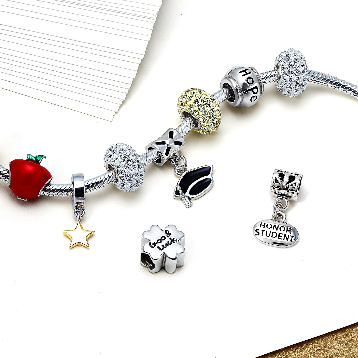Set of 2 Graduation Cap & Words Honor Student Dangle Charm Bead Sterling Silver - Image 7