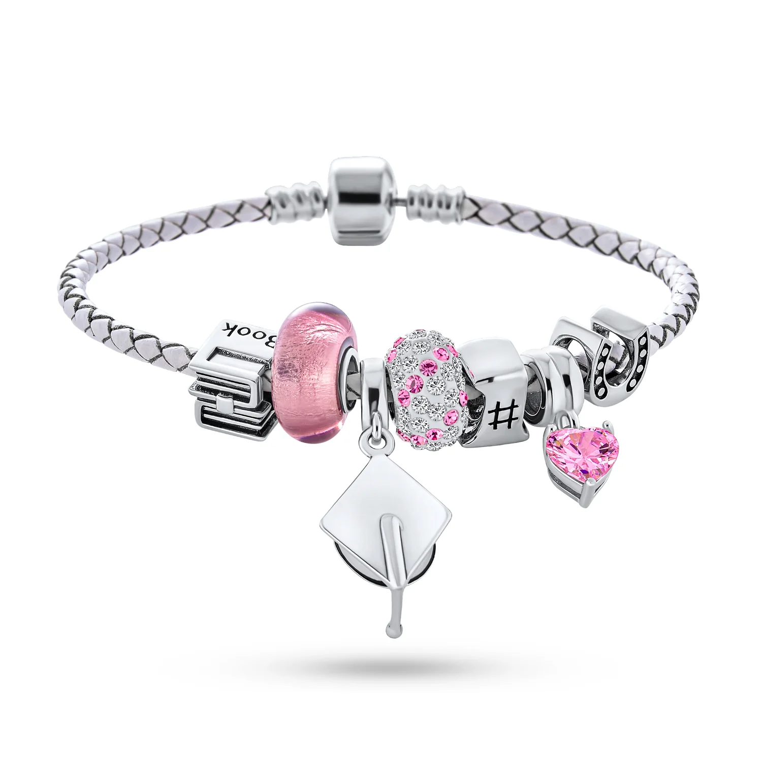 Graduation Cap Charm Bracelet with Crystal Beads and Sterling Silver Clasp - Image 2