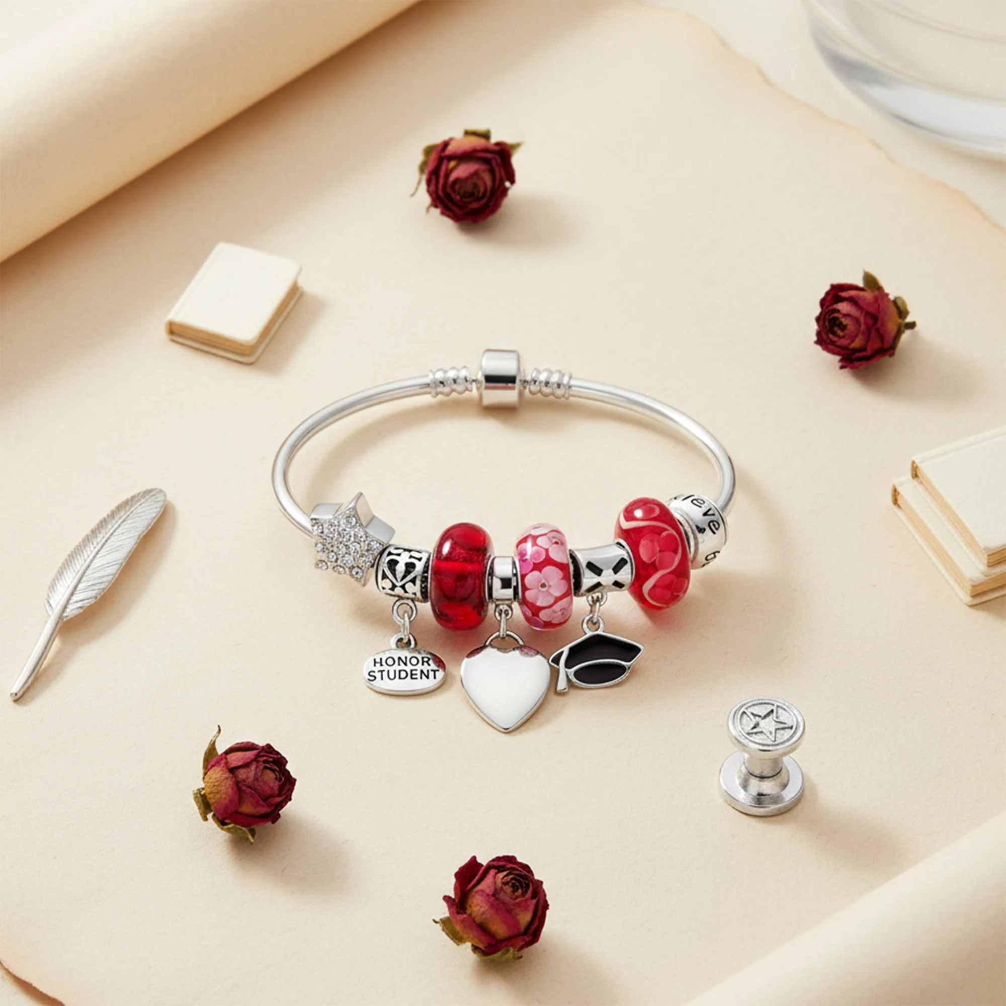 Cap Honor Student Luck Heart Bead Charms Bracelet 925 Sterling Silver - Image 3