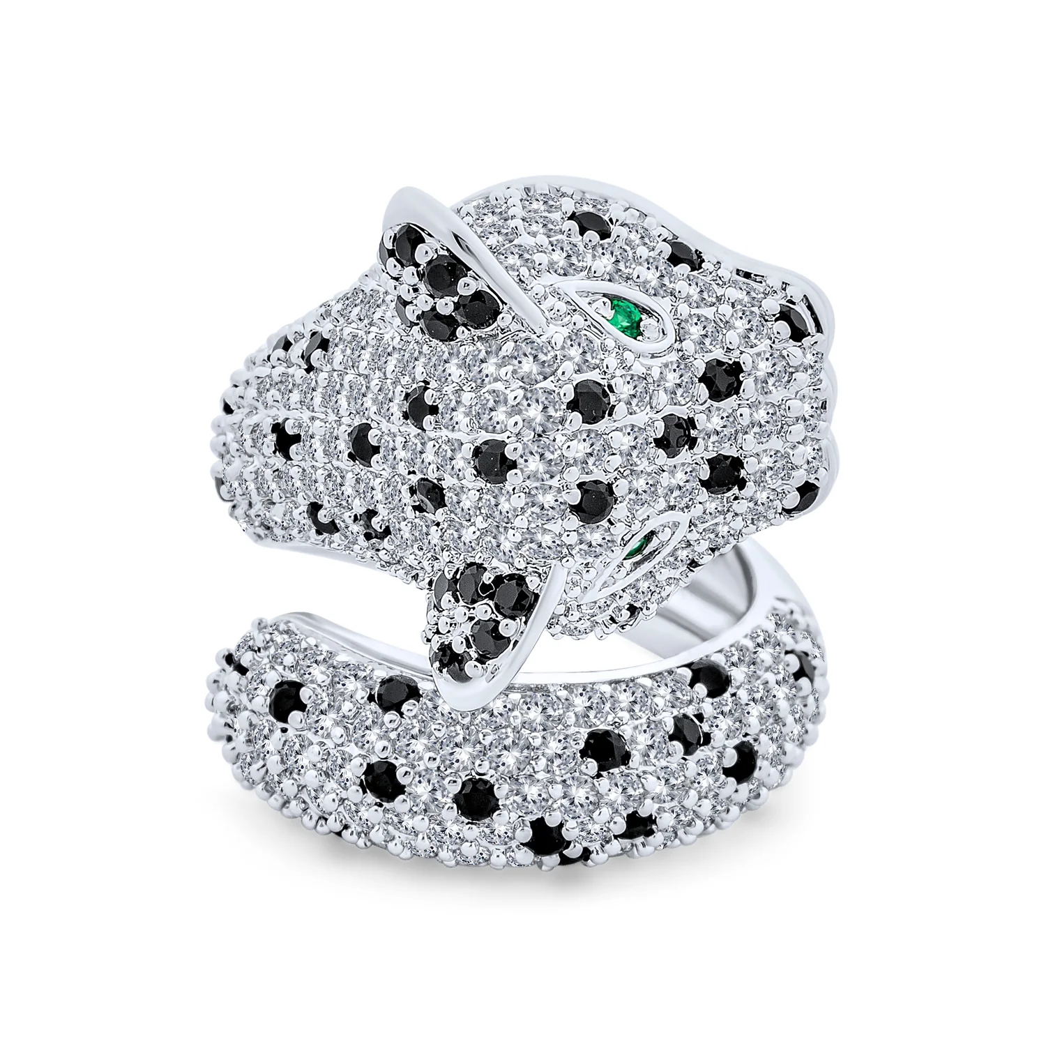 Green Eye Cubic Zirconia Cocktail Statement Ring Silver-Plated Panther Design - Image 2