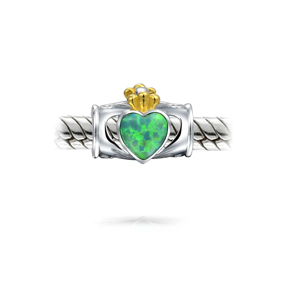 Created Green Opal Heart Claddagh Charm Bead .925 Sterling Silver for Bracelet - Image 2