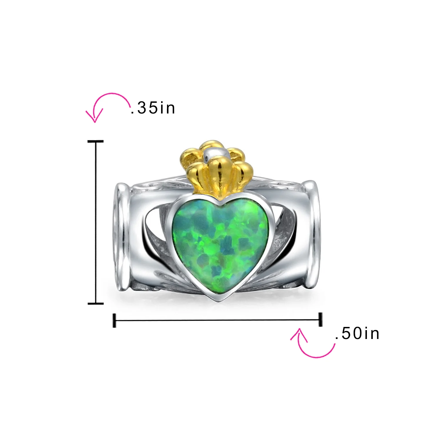 Created Green Opal Heart Claddagh Charm Bead .925 Sterling Silver for Bracelet - Image 3