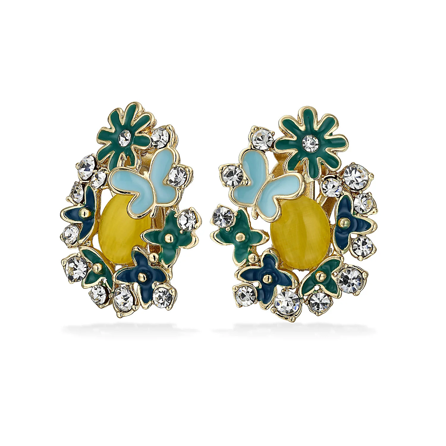 Multicolor Butterflies Flower Clip-On Earrings Non-Pierced Ears