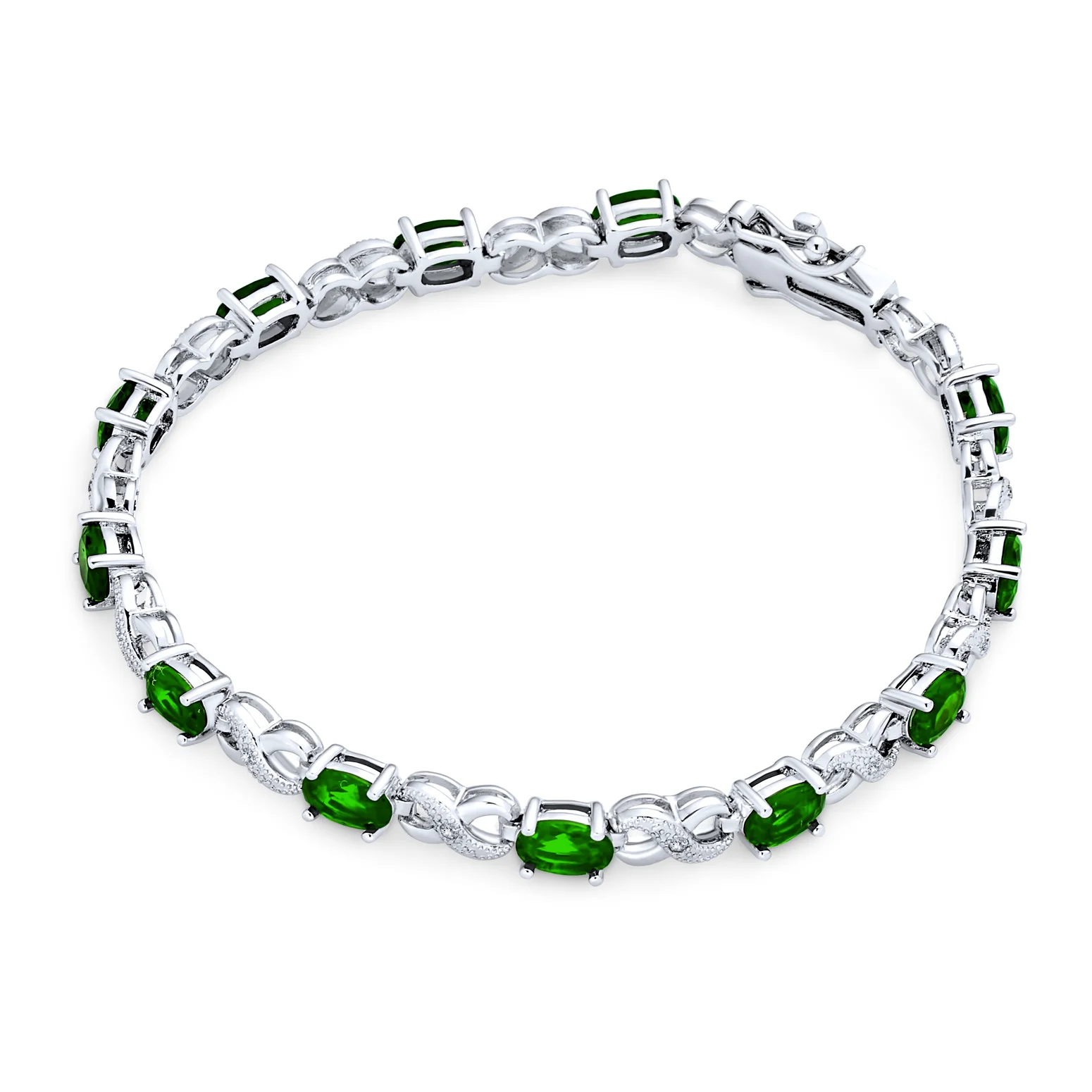 Green Red Oval CZ Tennis Bracelet in Silver Plated Finish - Image 12