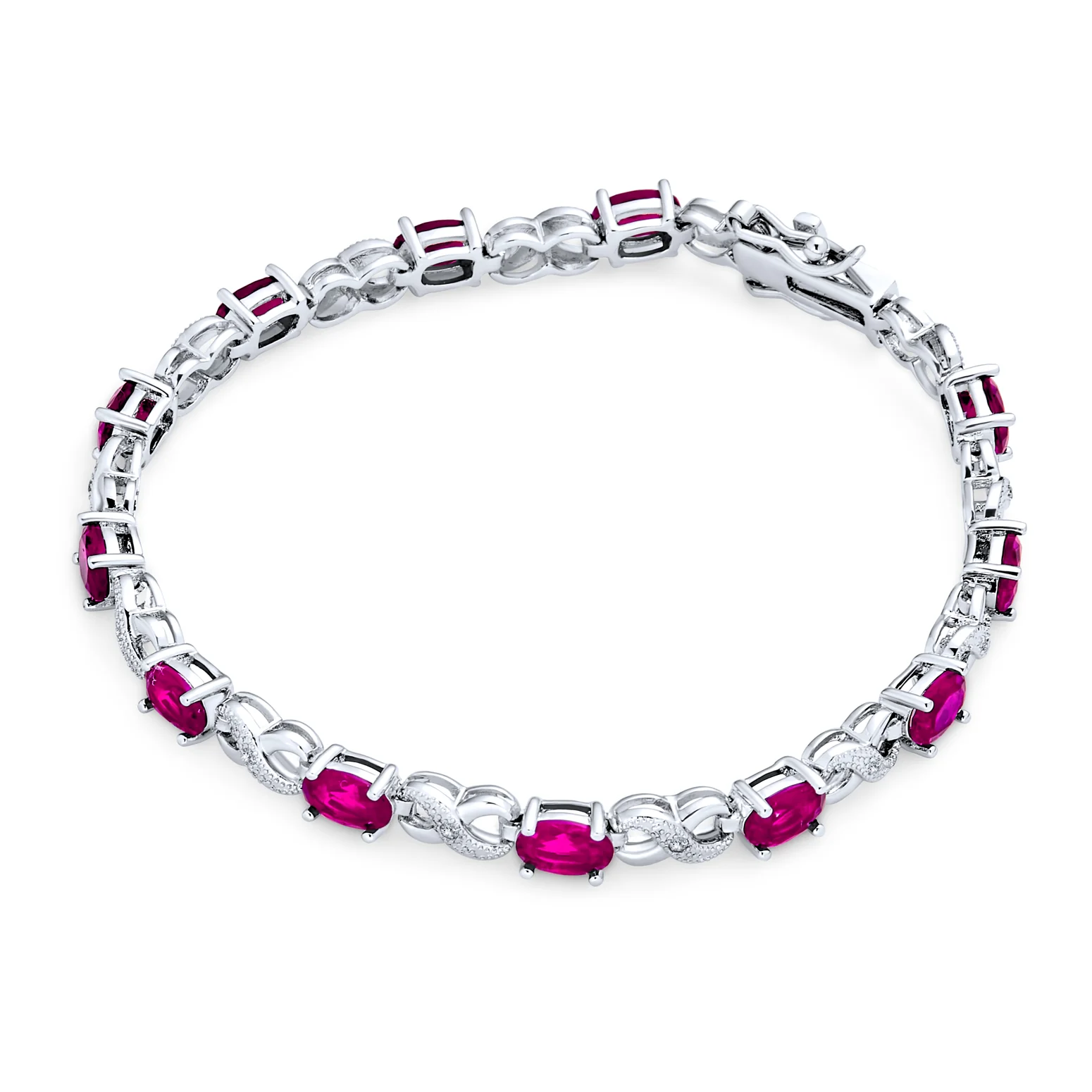Green Red Oval CZ Tennis Bracelet in Silver Plated Finish - Image 13