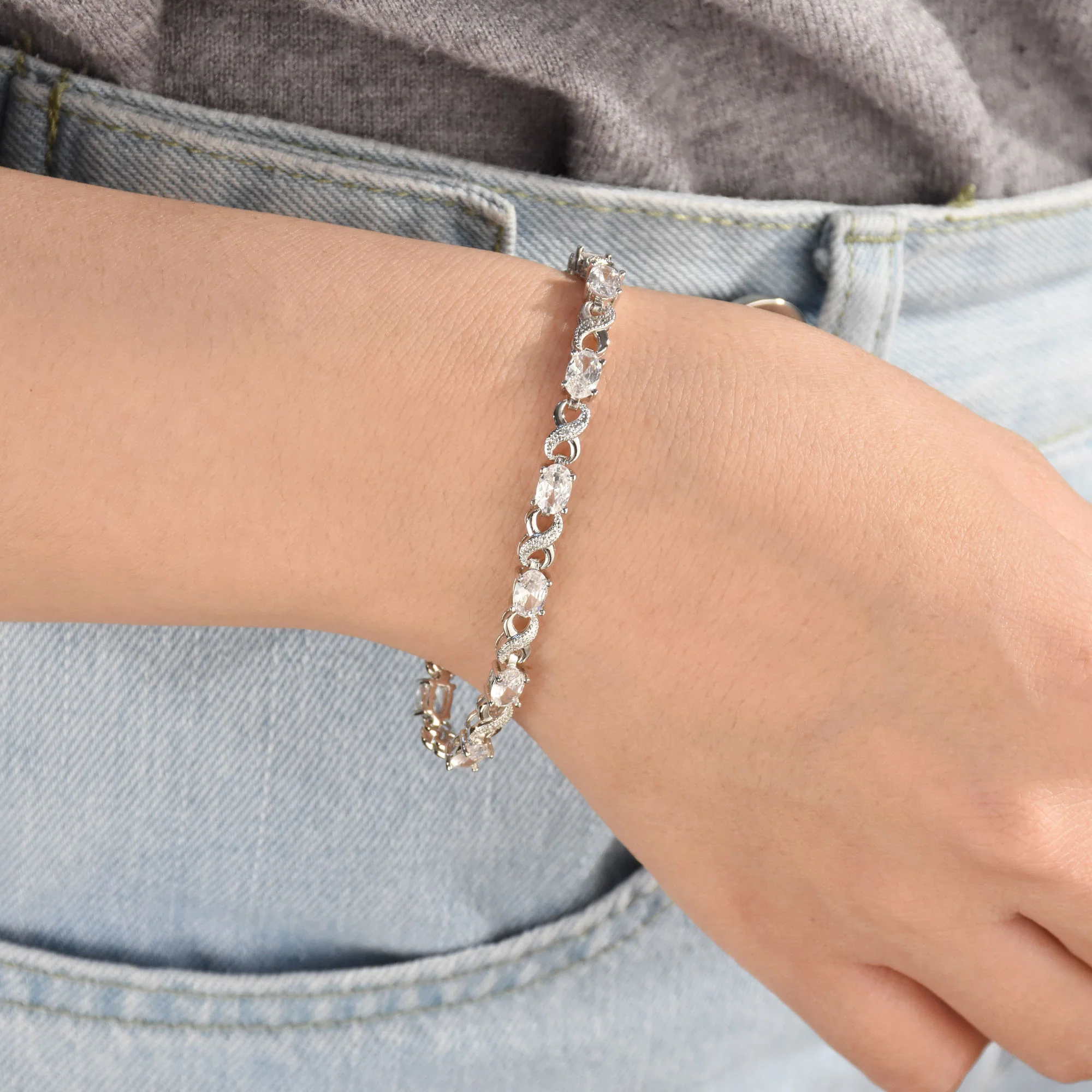 Green Red Oval CZ Tennis Bracelet in Silver Plated Finish - Image 17