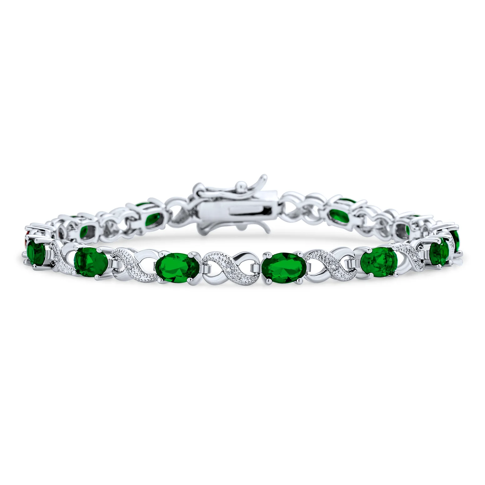 Green Red Oval CZ Tennis Bracelet in Silver Plated Finish - Image 5