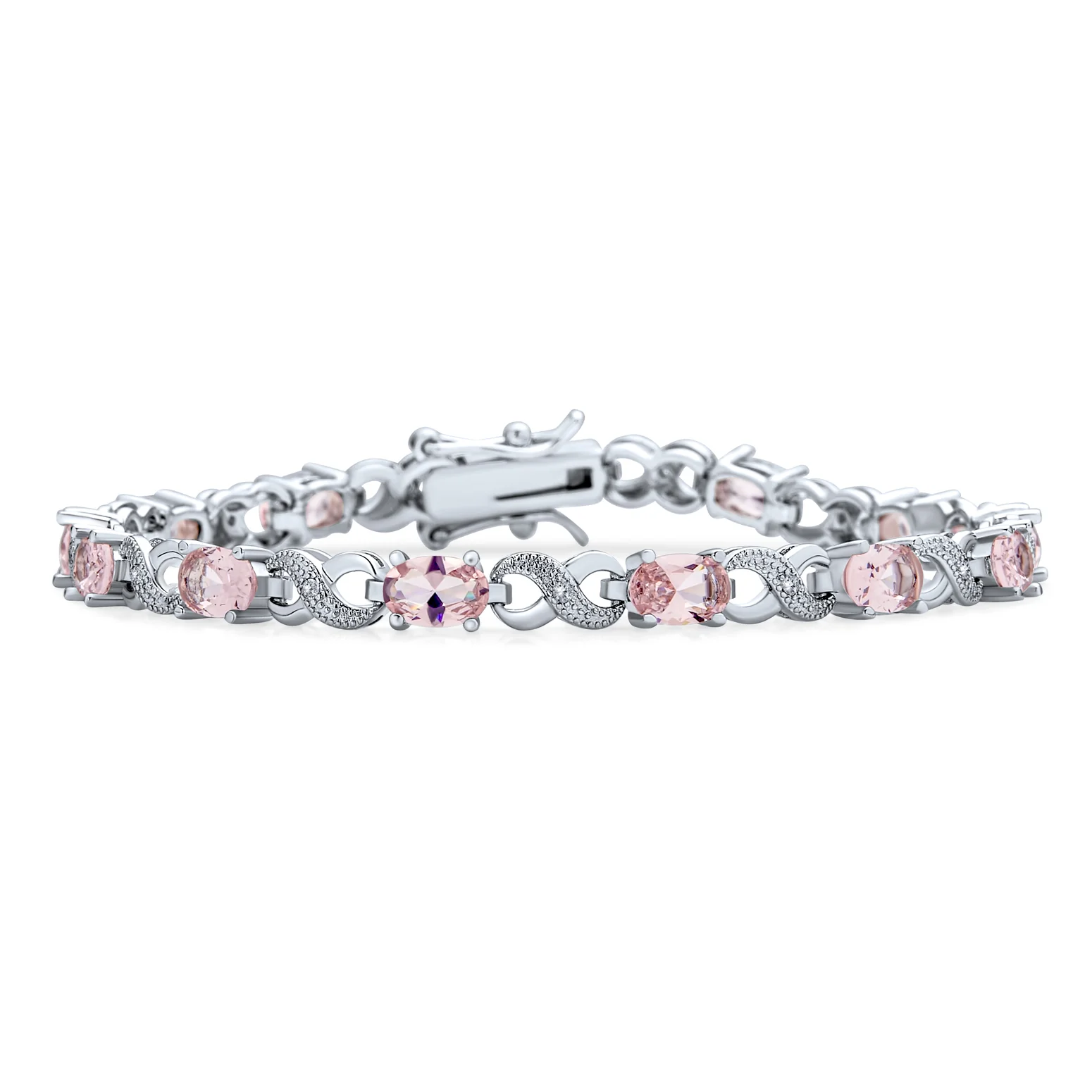 Green Red Oval CZ Tennis Bracelet in Silver Plated Finish - Image 7