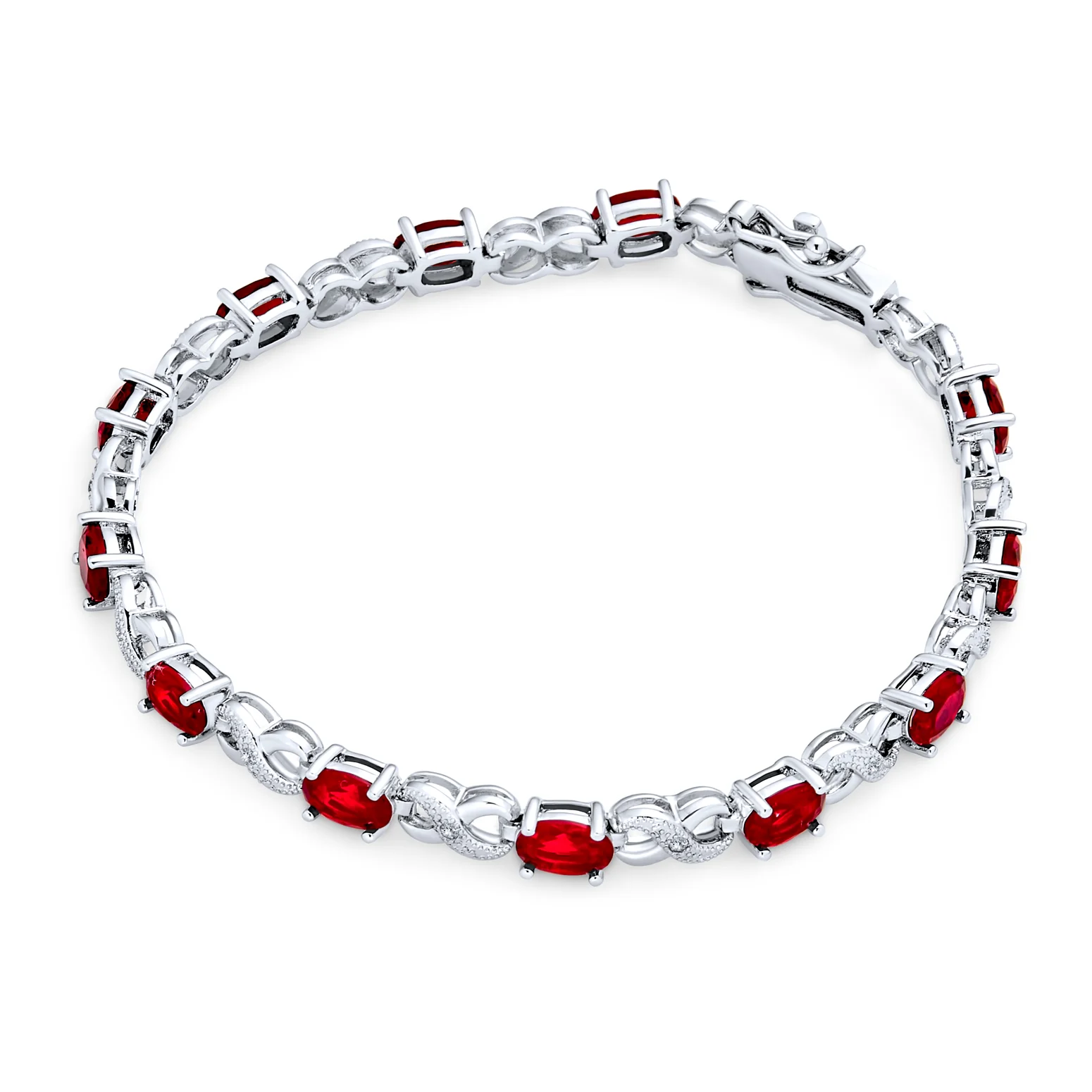 Green Red Oval CZ Tennis Bracelet in Silver Plated Finish - Image 8
