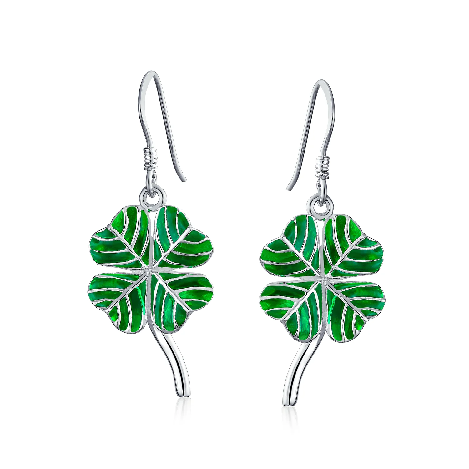 Green Shamrock Lucky Four Leaf Clover Dangle Earrings .925 Silver Fish Hook - Image 2