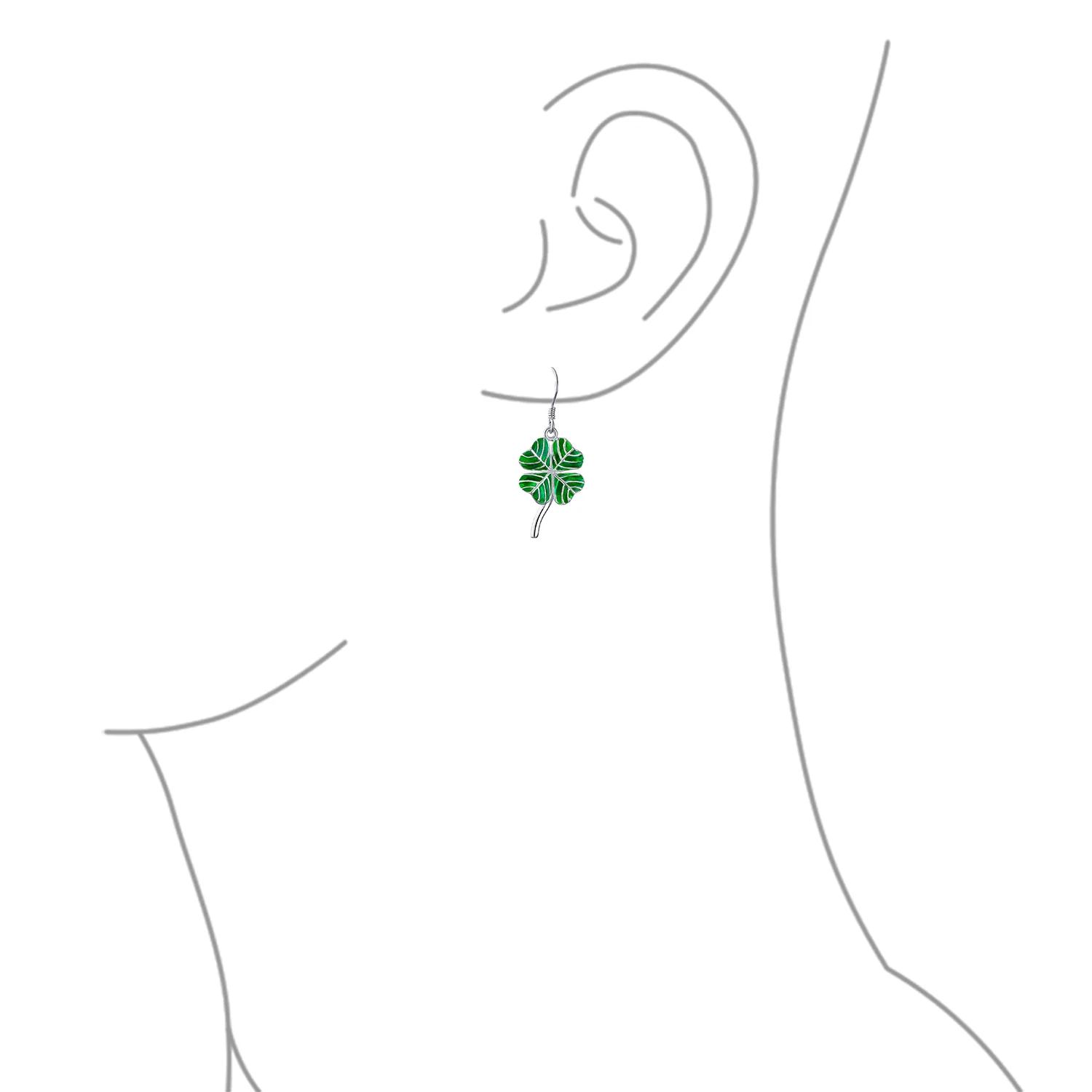 Green Shamrock Lucky Four Leaf Clover Dangle Earrings .925 Silver Fish Hook - Image 3