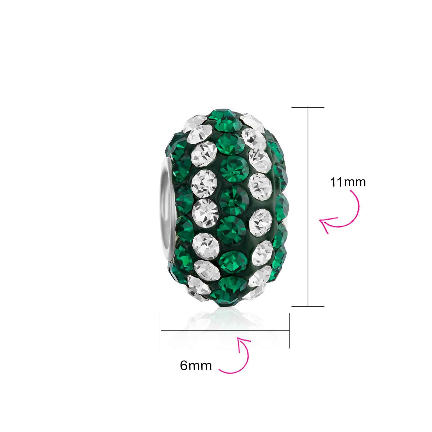 Set of 2 Green White Striped Crystal Bead Charm for Bracelet Silver Core - Image 3
