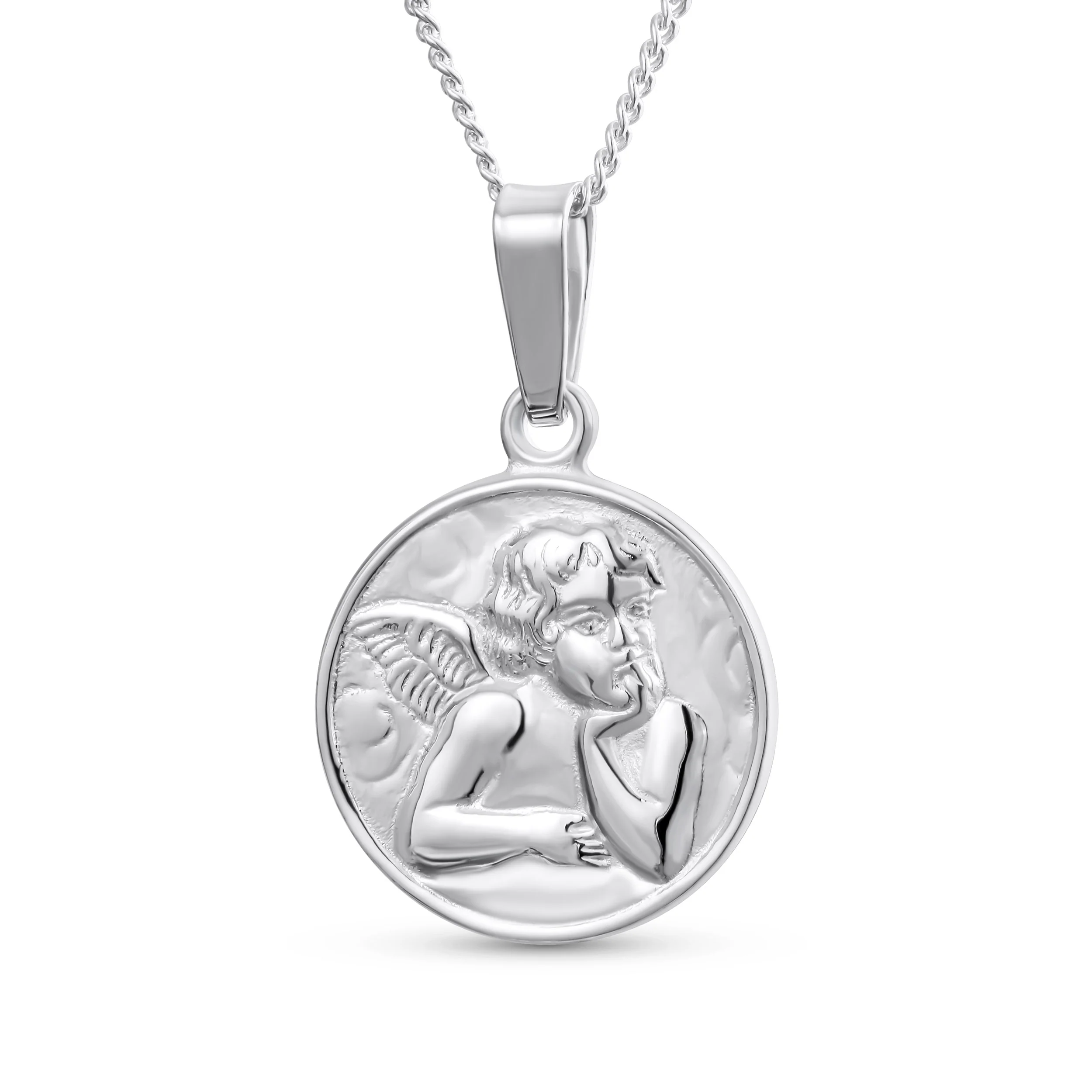 Religious Guardian Angel Cherub Pendant Necklace Silver Round Disc Medal