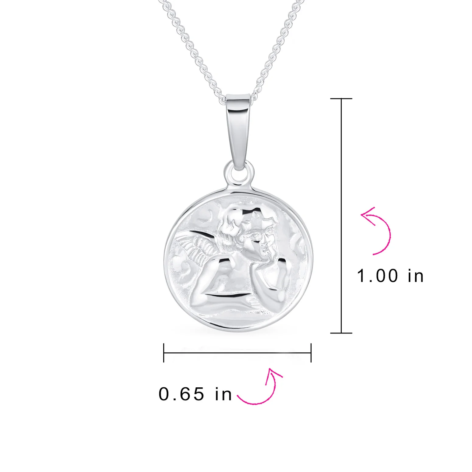 Religious Guardian Angel Cherub Pendant Necklace Silver Round Disc Medal - Image 3