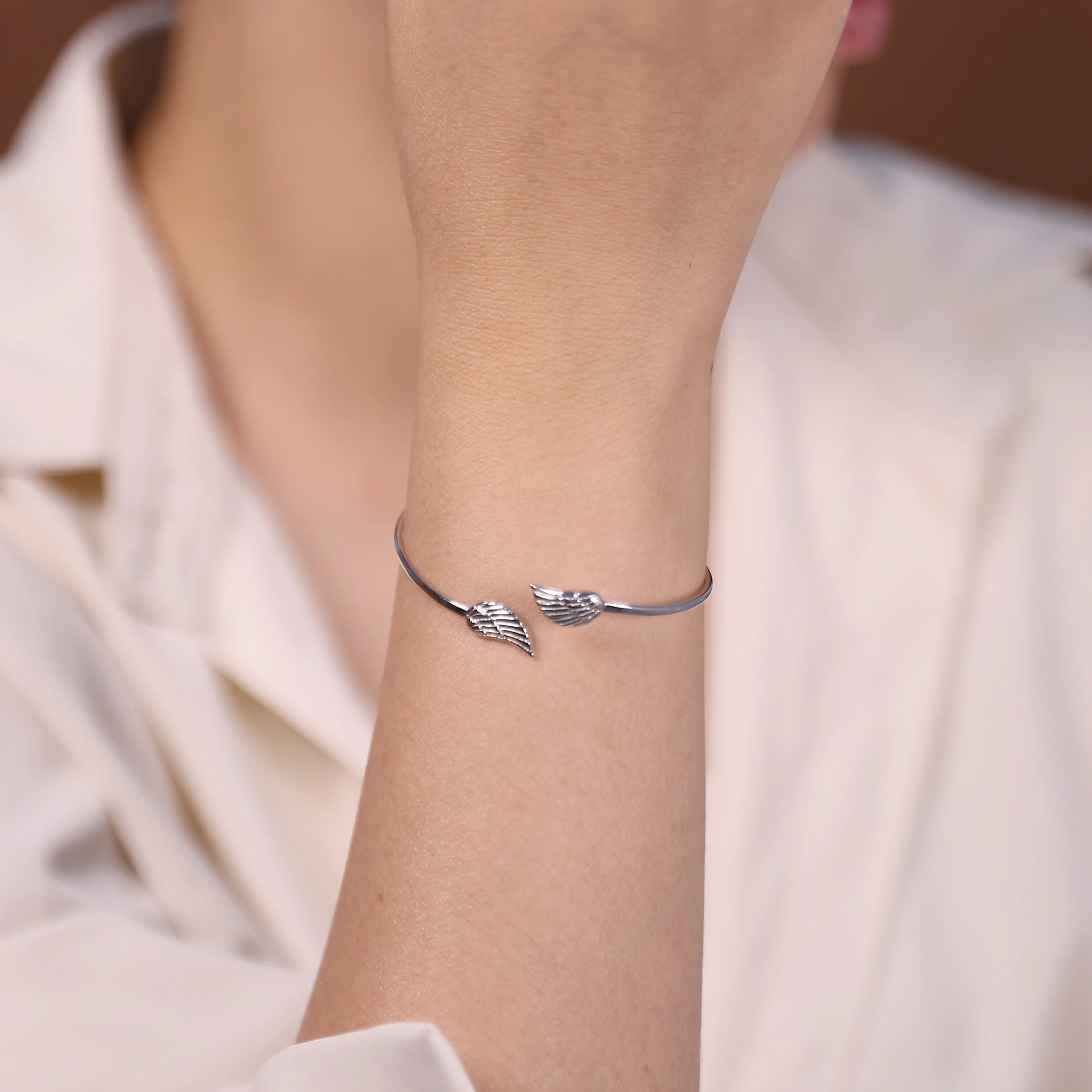 Spiritual Delicate Thin Angel Wing Feather Bangle Cuff Bracelet Sterling Silver - Image 3