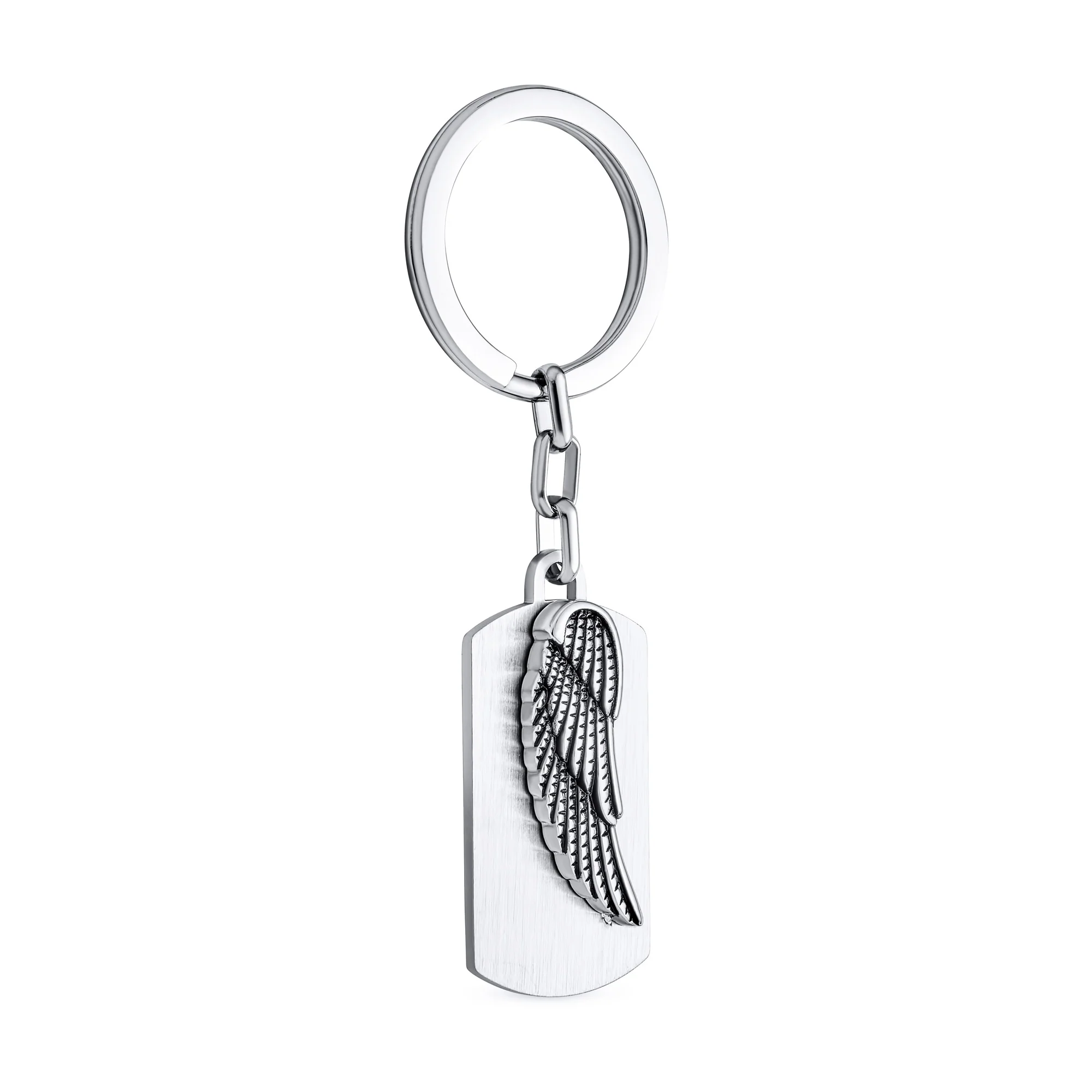 Guardian Angel Wing Feather Key Chain for Men - Oxidized Stainless Steel Dog Tag