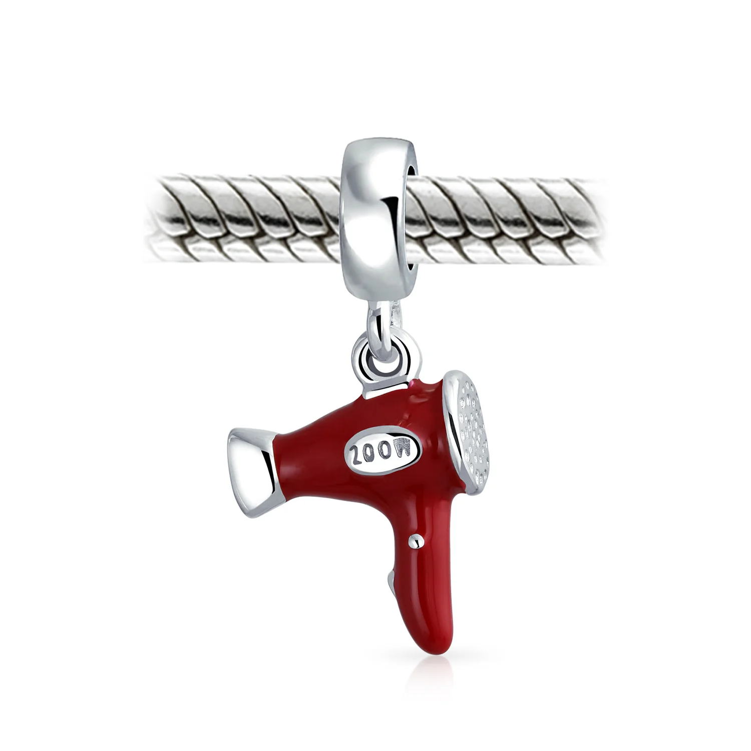 Stylists Salon Hair Dryer Dangle Charm Bead Red Enamel .925 Sterling Silver for Bracelet - Image 2