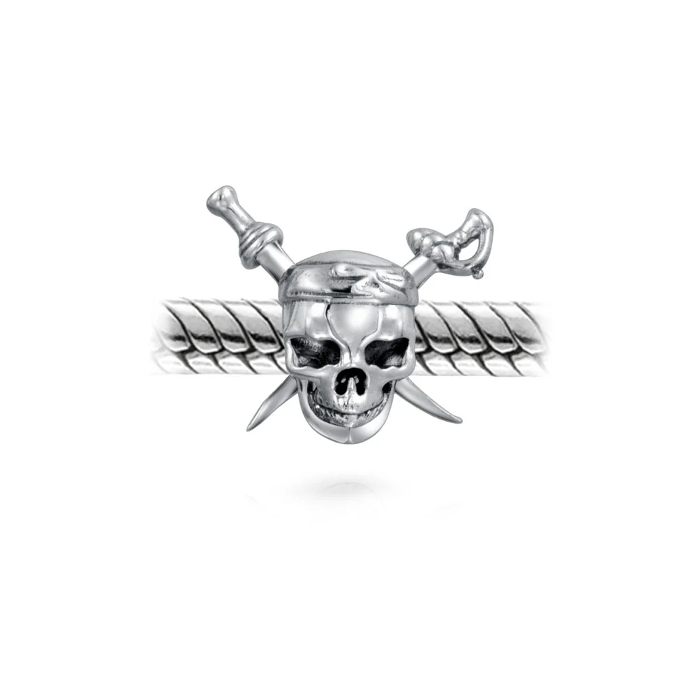 Halloween Pirate Skull & Cross Swords Charm Bead Silver for European Bracelet - Image 3