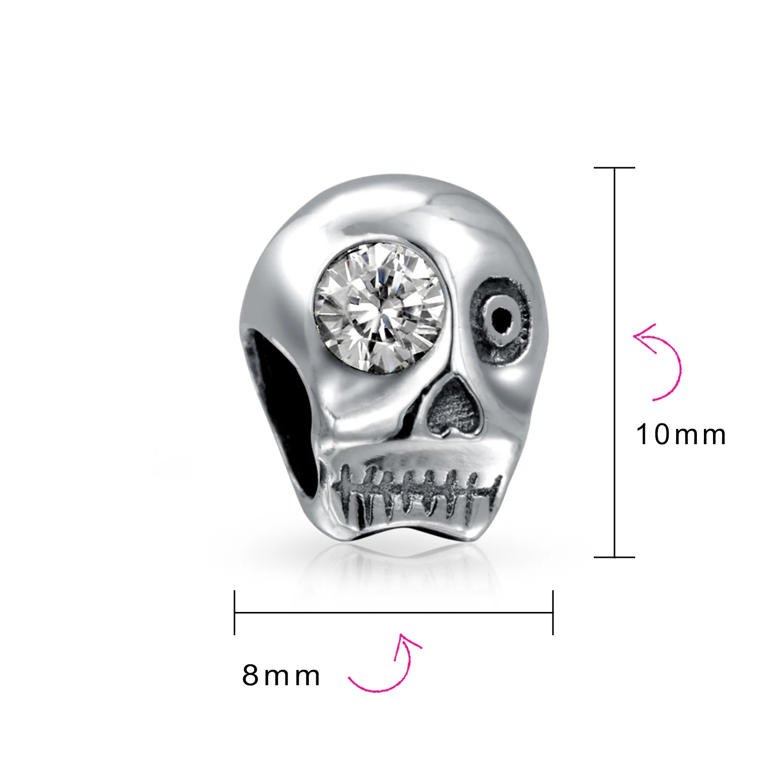 Halloween Skeleton Skull Charm Bead with CZ Eye Sterling Silver for Bracelet - Image 3