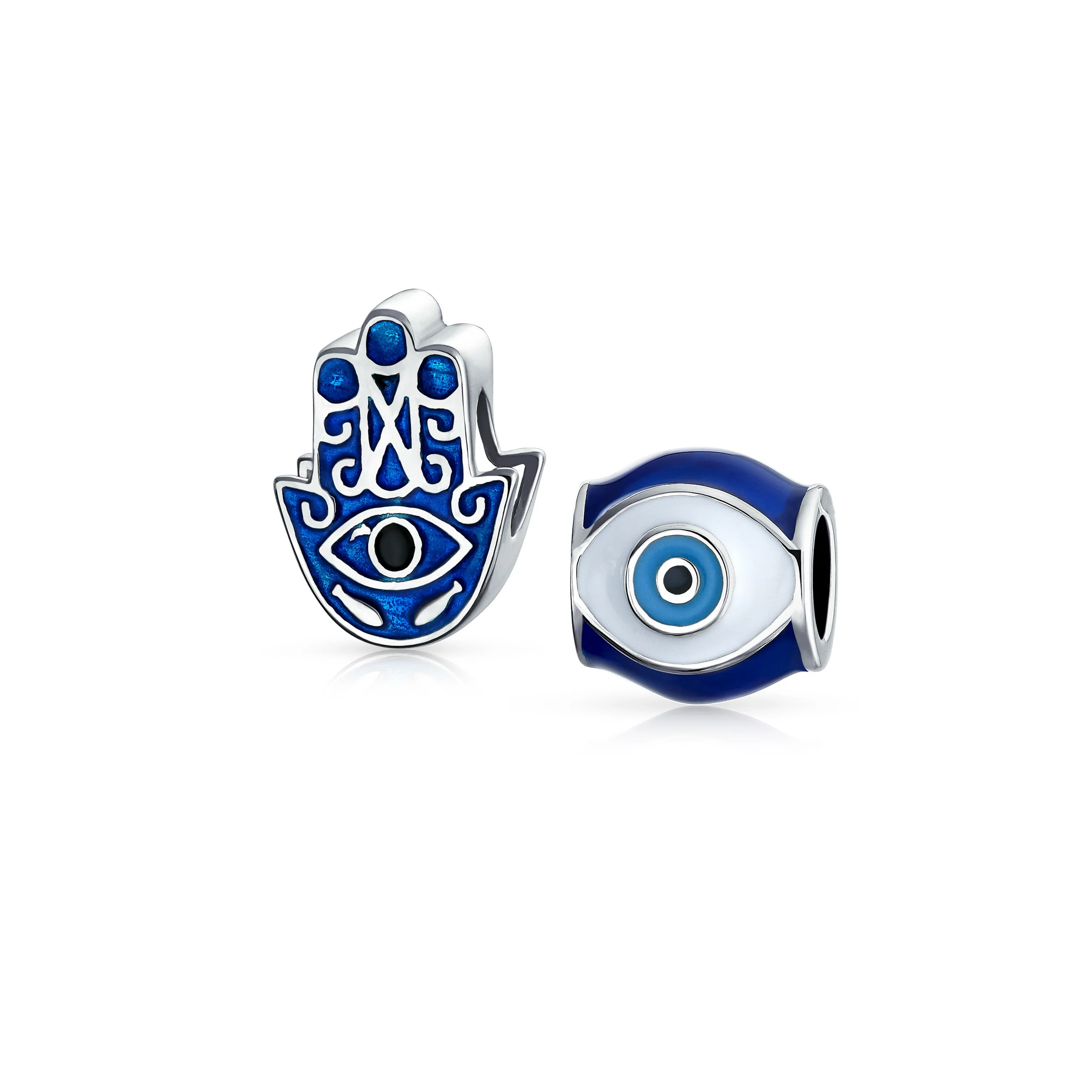 Set of 2 Blue Hamsa Hand Evil Eye Good Luck Charm Barrel Bead in Sterling Silver