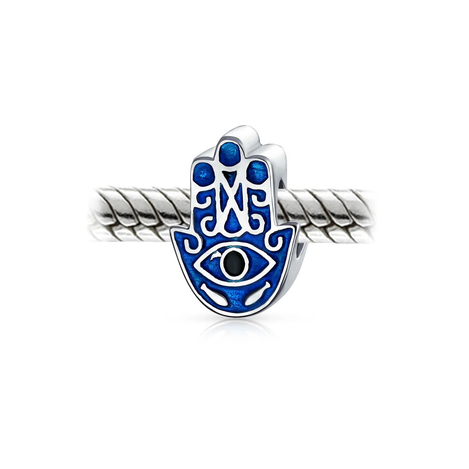 Set of 2 Blue Hamsa Hand Evil Eye Good Luck Charm Barrel Bead in Sterling Silver - Image 3